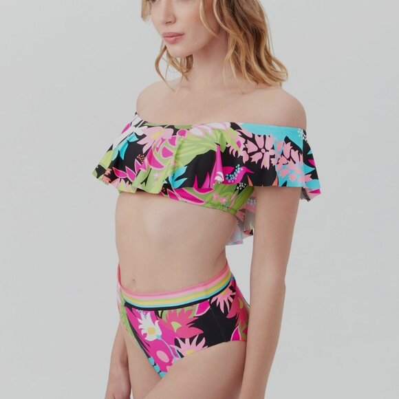 Trina Turk Tiki Off The Shoulder Ruffle Bandeau Shirred Ring Hipster Set 6 NWT - Picture 2 of 11